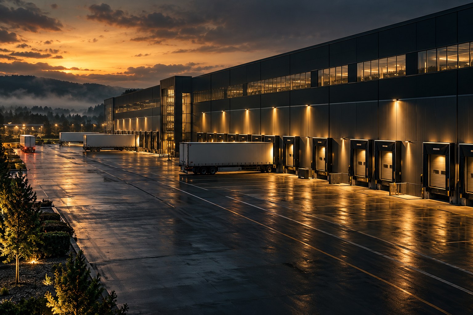 Conceptual view of a freight distribution facility at dusk